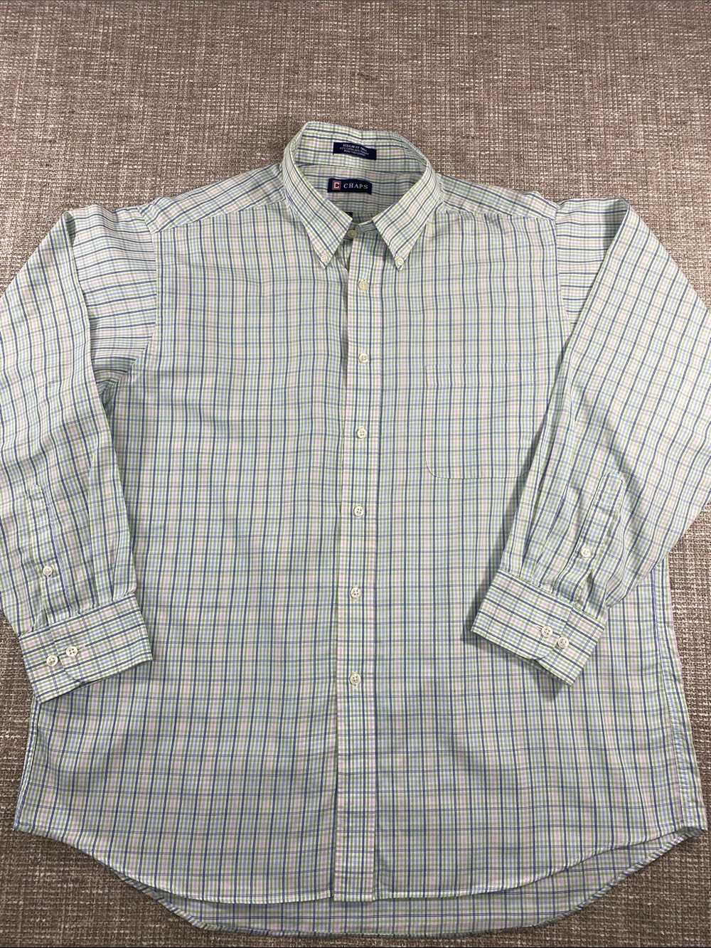 Chaps Men’s Light Green, pink & Blues Plaid Button-Down Shirt